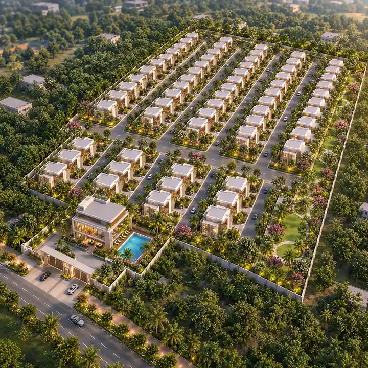 Vaishnavi Villas Sarjapur Road aerial view of a long, narrow gated villa community with a club house and pool near the entry, artist's impression Vaishnavi Villas Sarjapur Road aerial view of a long, narrow gated villa community with a club house and pool near the entry, artist's impression