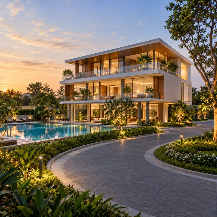 Vaishnavi Villas Sarjapur Road three-level club house with a swimming pool beside it, artist's impression