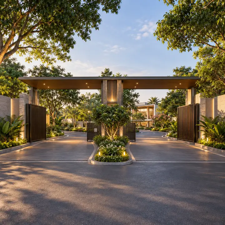 Vaishnavi Villas Sarjapur Road gated entry and exit on a tree-lined road, artist's impression Vaishnavi Villas Sarjapur Road gated entry and exit on a tree-lined road, artist's impression