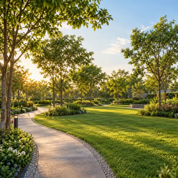 Vaishnavi Villas Sarjapur Road landscaped park with lawns, trees and walking paths, artist's impression