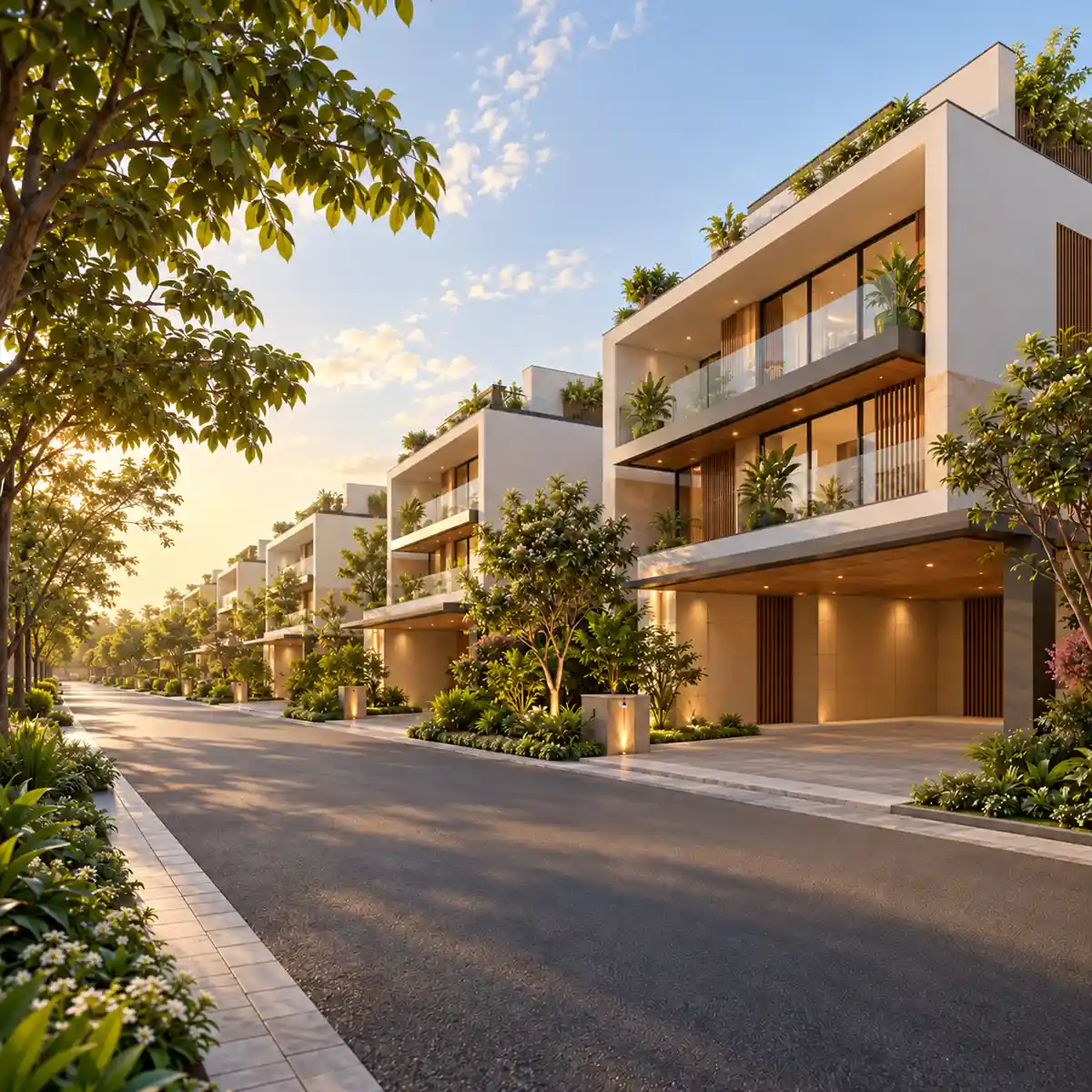 Vaishnavi Villas Sarjapur Road street of three-level villas with flat terraces, artist's impression